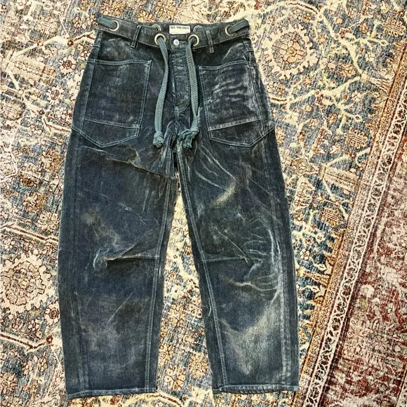 We the Free People Flocked Moxie Barrel Jeans Mountain Green - Picture 4 of 7